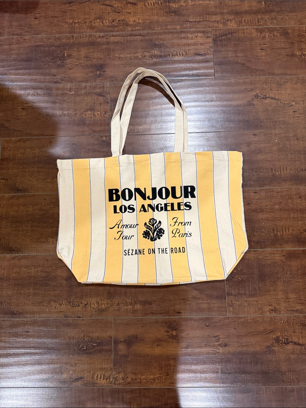 Sezane Yellow and Cream Striped 'Bonjour Los Angeles' Tote